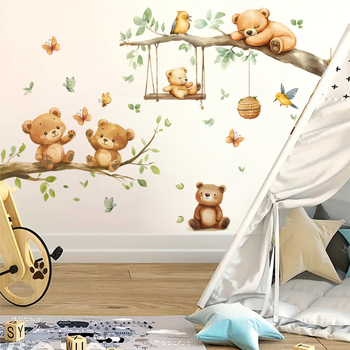 Αυτοκόλλητο τοίχου – Καρτούν αρκουδάκι σε κλαδί, αυτοκόλλητο, αδιάβροχο, PVC, 1 τεμάχιο, για σαλόνι, υπνοδωμάτιο και είσοδο