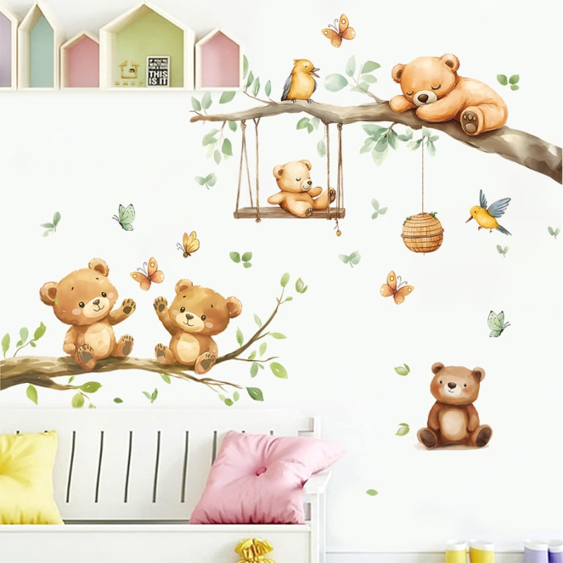 Αυτοκόλλητο τοίχου – Καρτούν αρκουδάκι σε κλαδί, αυτοκόλλητο, αδιάβροχο, PVC, 1 τεμάχιο, για σαλόνι, υπνοδωμάτιο και είσοδο