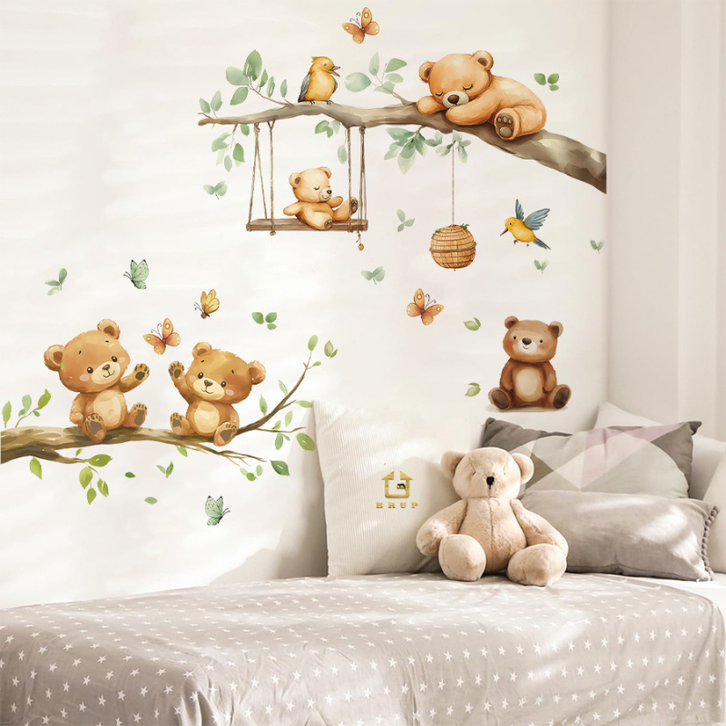 Αυτοκόλλητο τοίχου – Καρτούν αρκουδάκι σε κλαδί, αυτοκόλλητο, αδιάβροχο, PVC, 1 τεμάχιο, για σαλόνι, υπνοδωμάτιο και είσοδο