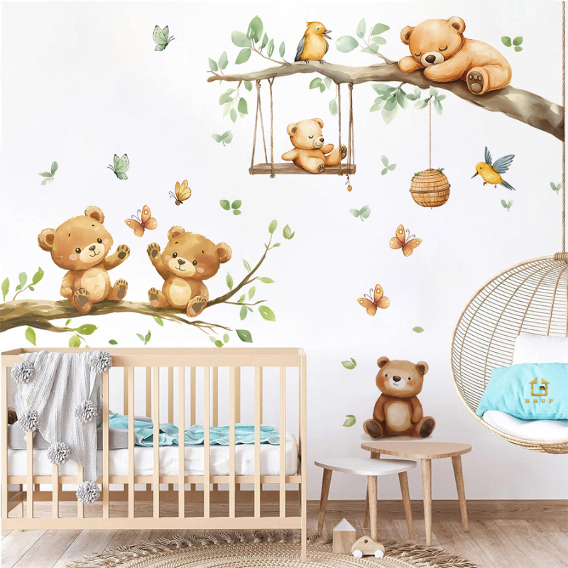 Αυτοκόλλητο τοίχου – Καρτούν αρκουδάκι σε κλαδί, αυτοκόλλητο, αδιάβροχο, PVC, 1 τεμάχιο, για σαλόνι, υπνοδωμάτιο και είσοδο