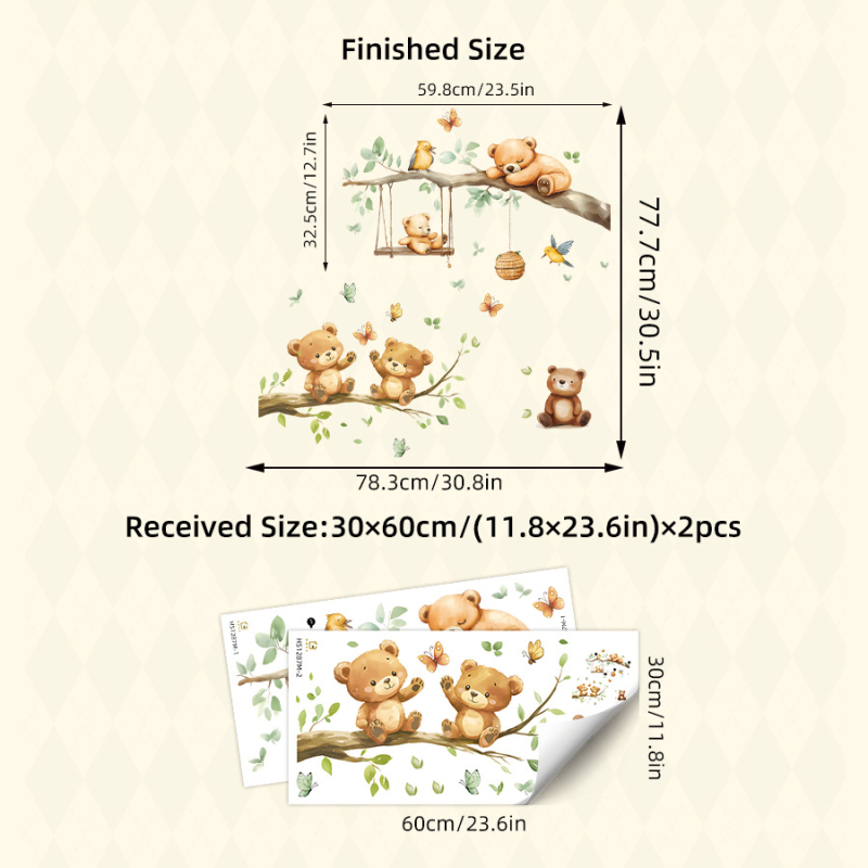 Αυτοκόλλητο τοίχου – Καρτούν αρκουδάκι σε κλαδί, αυτοκόλλητο, αδιάβροχο, PVC, 1 τεμάχιο, για σαλόνι, υπνοδωμάτιο και είσοδο