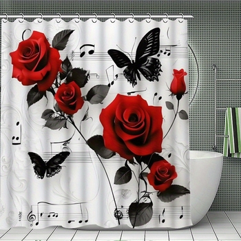 Štvordielny kúpeľňový set: sprchová záves, rohožka do kúpeľa a toaletná rohočka s tlačeným motívom motýľov a hudobných tónov; polyester; moderný minimalistický štýl; vlastné logo tlač; vlastné spracovanie.