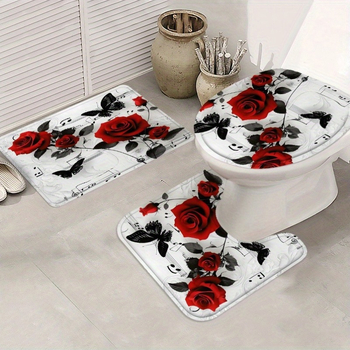 Štvordielny kúpeľňový set: sprchová záves, rohožka do kúpeľa a toaletná rohočka s tlačeným motívom motýľov a hudobných tónov; polyester; moderný minimalistický štýl; vlastné logo tlač; vlastné spracovanie.