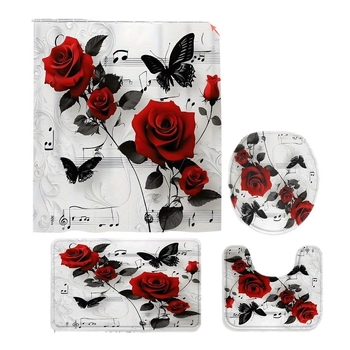 Štvordielny kúpeľňový set: sprchová záves, rohožka do kúpeľa a toaletná rohočka s tlačeným motívom motýľov a hudobných tónov; polyester; moderný minimalistický štýl; vlastné logo tlač; vlastné spracovanie.