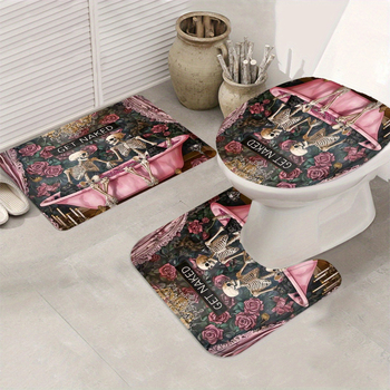 Kúpeľňový 4-dielny set s protišmykovou podložkou, polyesterový materiál, moderný minimalistický štýl, potlačený vzor, potlač loga