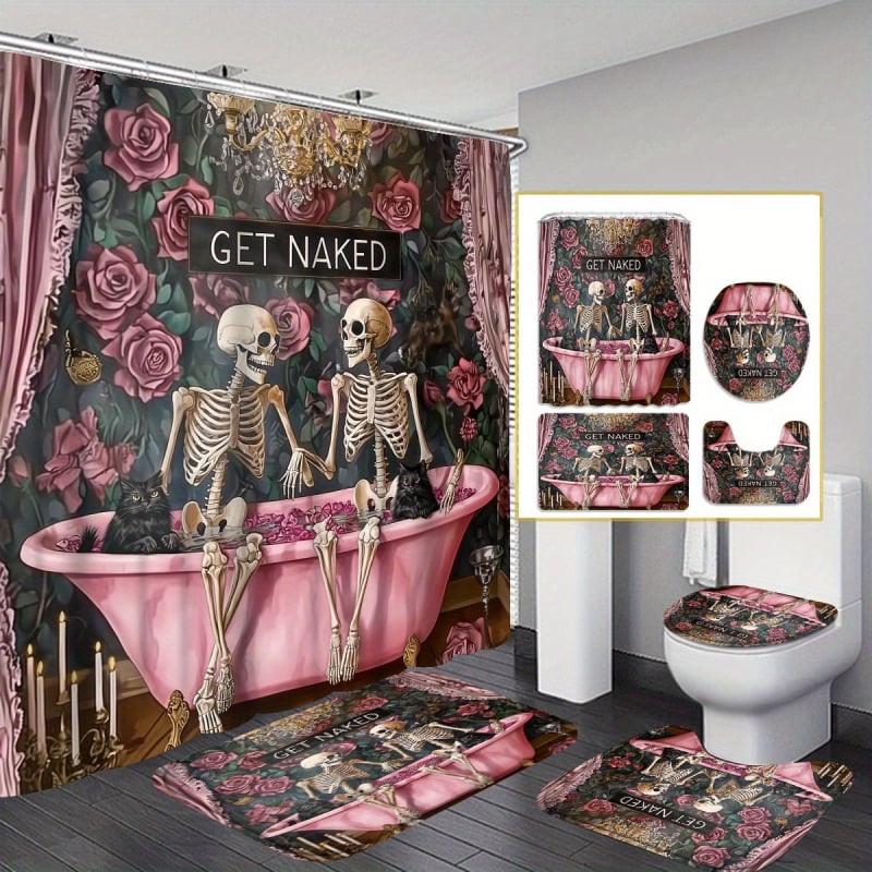 Kúpeľňový 4-dielny set s protišmykovou podložkou, polyesterový materiál, moderný minimalistický štýl, potlačený vzor, potlač loga