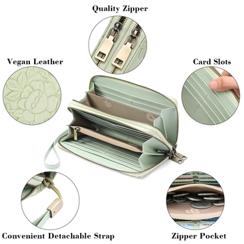 GAEKEAO Dámska dlhá klutch peňaženka s dvojitým zipsom, reliéfny dizajn kvetov, veľká kapacita (Materiál: PU; Podšívka: polyester; Vzor: kvet; Štýl: literárny čínsky štýl)