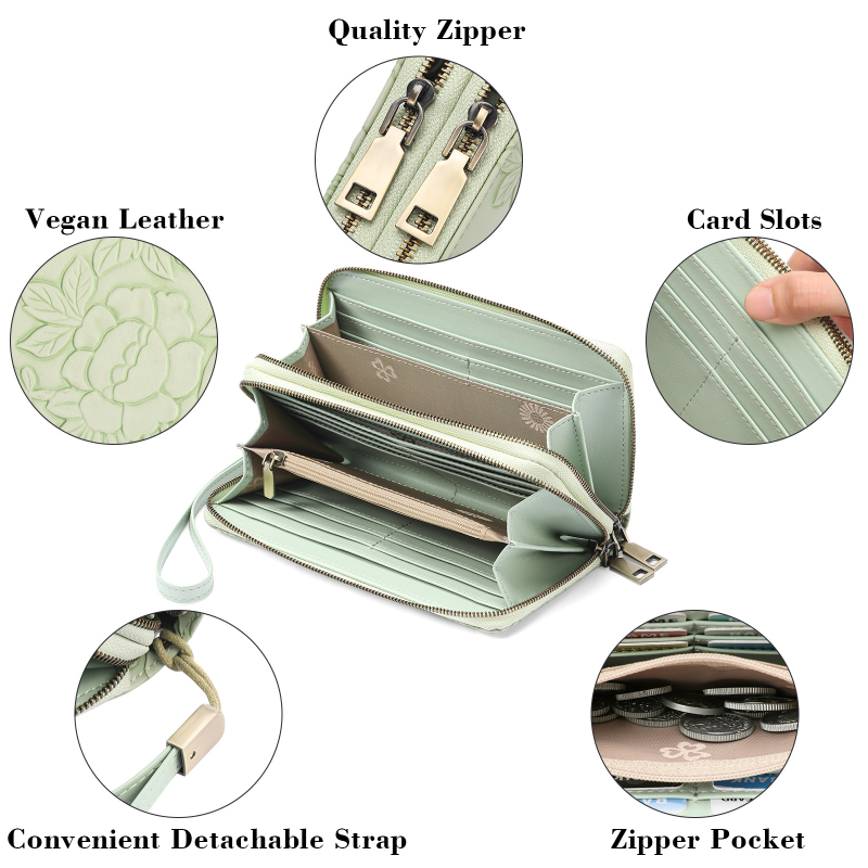 GAEKEAO Dámska dlhá klutch peňaženka s dvojitým zipsom, reliéfny dizajn kvetov, veľká kapacita (Materiál: PU; Podšívka: polyester; Vzor: kvet; Štýl: literárny čínsky štýl)