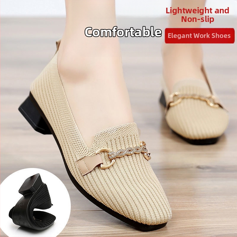 Dámske pletené loafers so štvorcovým nosom, stredný podpätok 3–5 cm, priedušná podšívka, horná časť z pleteného materiálu, jar 2025