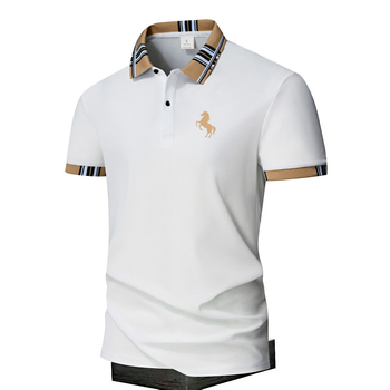 Мъжко поло с геометричен принт, обърната яка, къси ръкави, тесен силует