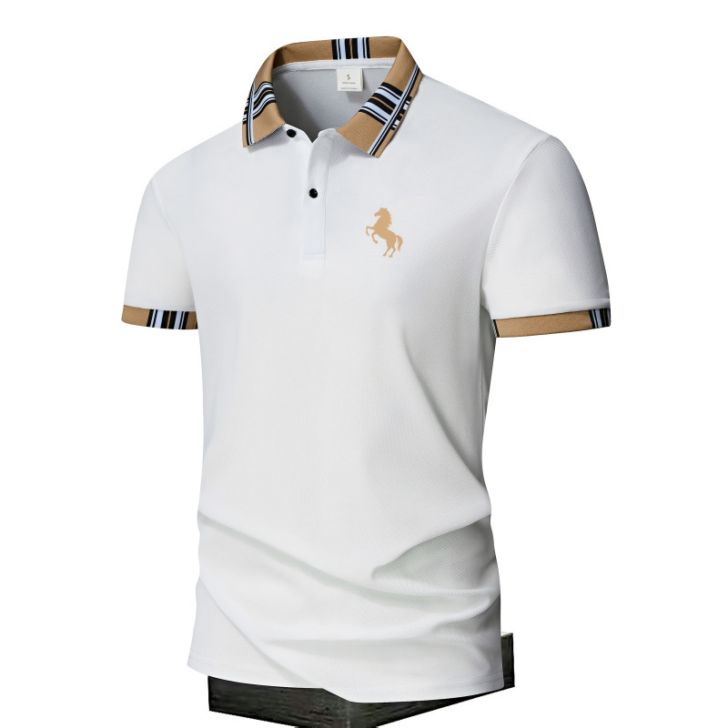 Мъжко поло с геометричен принт, обърната яка, къси ръкави, тесен силует