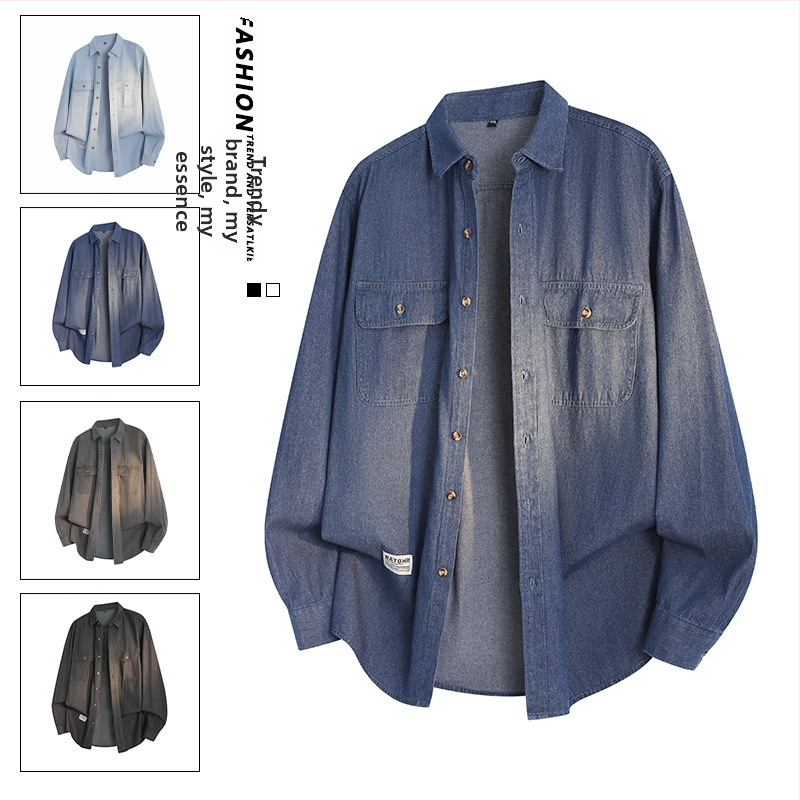 Pánska voľná džínová košeľa s dlhým rukávom, oversize strih, s vreckom, 71-80% bavlna, 30s tkanina, zmes polyesteru-bavlny, jeseň 2025