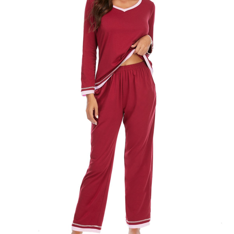 Dámsky pyžamový set, dva kusy, dlhý rukáv, dlhé nohavice, okrúhly výstrih, bavlnená látka, stredná hmotnosť