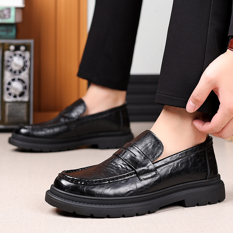 Férfi bőr loaferek – lélegző slip-on, gumitalp, kerek orr, alacsony, tömzsi sarok, őszi retro stílus