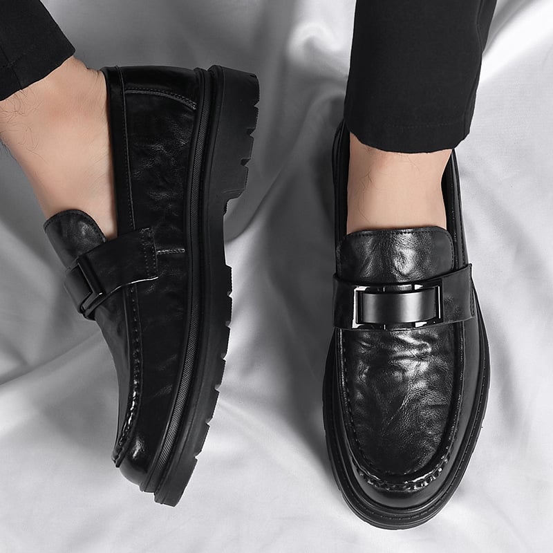 Férfi bőr loaferek – lélegző slip-on, gumitalp, kerek orr, alacsony, tömzsi sarok, őszi retro stílus