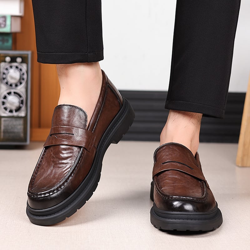 Férfi bőr loaferek – lélegző slip-on, gumitalp, kerek orr, alacsony, tömzsi sarok, őszi retro stílus