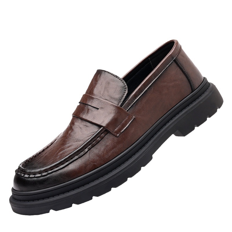 Férfi bőr loaferek – lélegző slip-on, gumitalp, kerek orr, alacsony, tömzsi sarok, őszi retro stílus