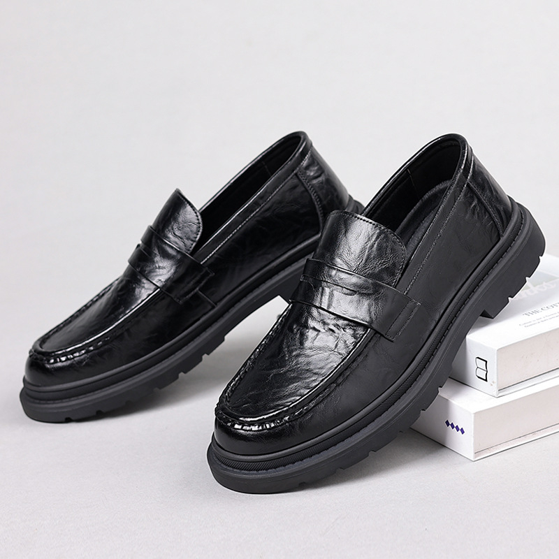 Férfi bőr loaferek – lélegző slip-on, gumitalp, kerek orr, alacsony, tömzsi sarok, őszi retro stílus