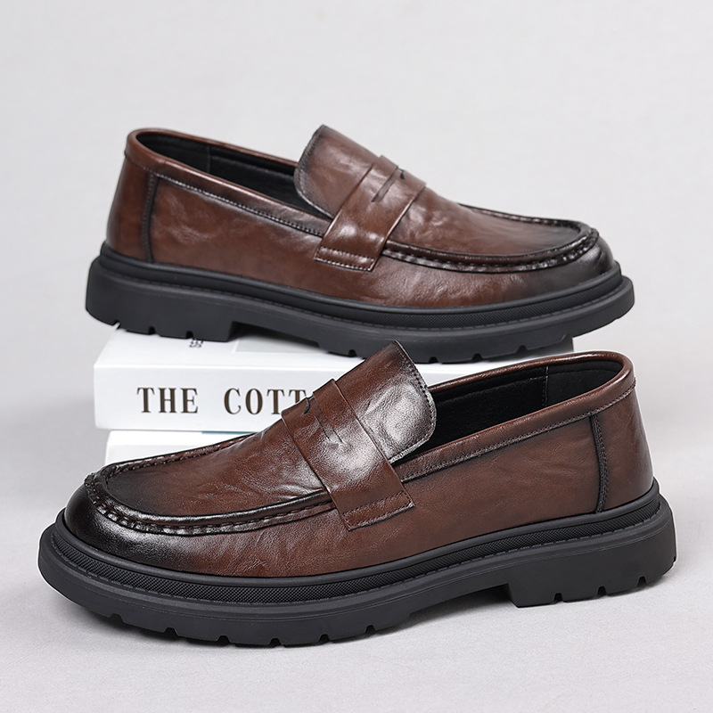 Férfi bőr loaferek – lélegző slip-on, gumitalp, kerek orr, alacsony, tömzsi sarok, őszi retro stílus