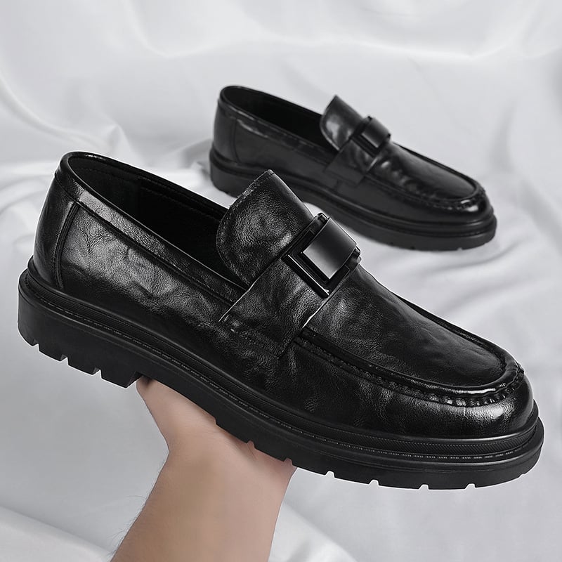 Férfi bőr loaferek – lélegző slip-on, gumitalp, kerek orr, alacsony, tömzsi sarok, őszi retro stílus