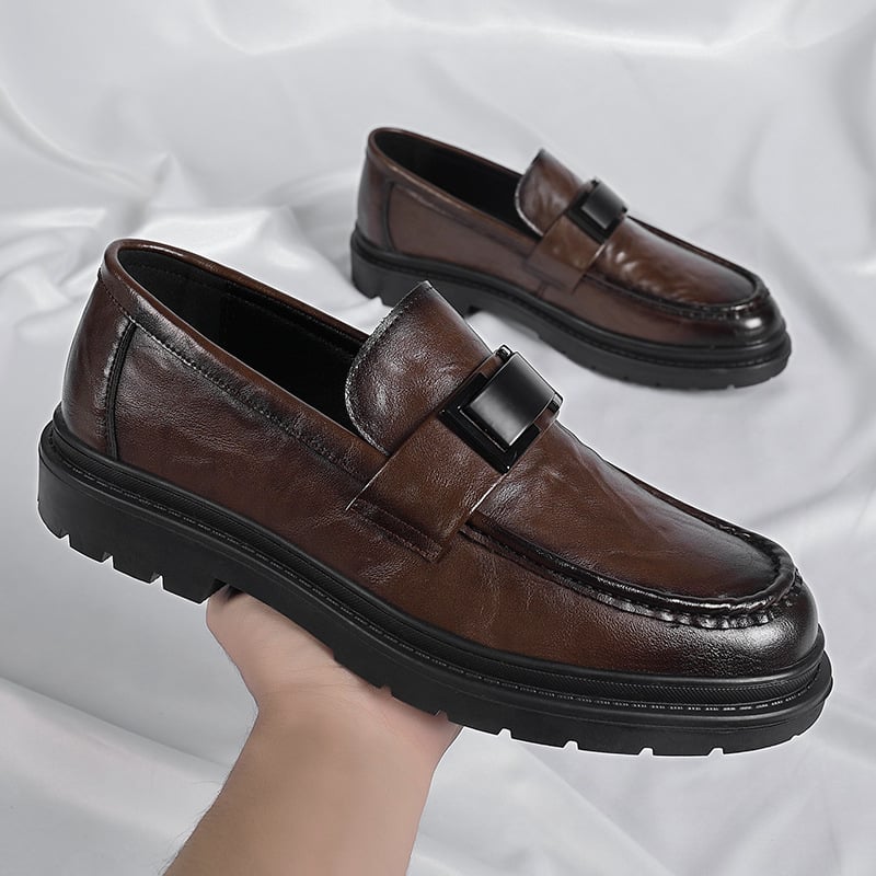 Férfi bőr loaferek – lélegző slip-on, gumitalp, kerek orr, alacsony, tömzsi sarok, őszi retro stílus