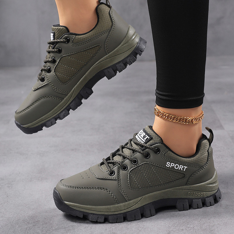 Γυναικεία παπούτσια πεζοπορίας – αντιολισθητική σόλα, επάνω μέρος από συνθετικό δέρμα, μεσαία σόλα από καουτσούκ, χαμηλό ύψος φτέρνας (1–3 εκ.), κορδόνια μπροστά