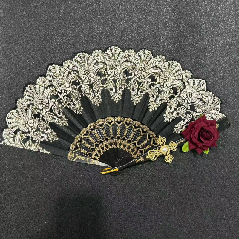 Διπλούμενος ανεμιστήρας με δαντελένο σχέδιο Λολίτα, ρετρό παλάτι στυλ, πλαστικός σκελετός | Κωδικός προϊόντος F8756jsjj95stm