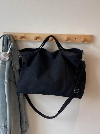 Geantă tote din pânză, stil coreean minimalist, cu fermoar, formă orizontală dreptunghiulară