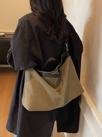 Geantă tote din pânză, stil coreean minimalist, cu fermoar, formă orizontală dreptunghiulară