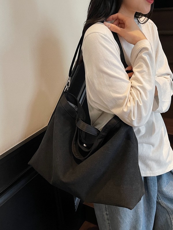 Geantă tote din pânză, stil coreean minimalist, cu fermoar, formă orizontală dreptunghiulară