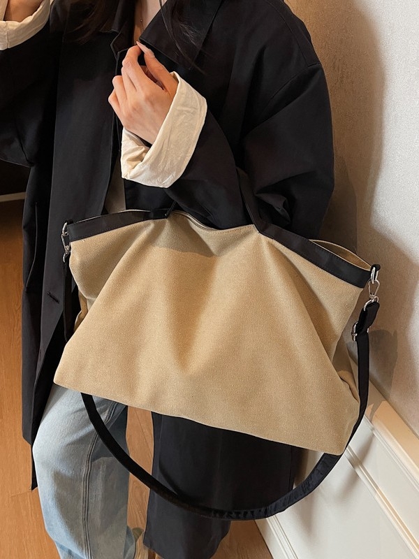 Geantă tote din pânză, stil coreean minimalist, cu fermoar, formă orizontală dreptunghiulară