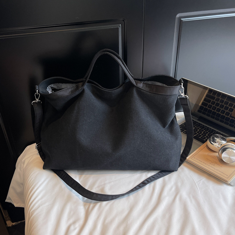 Geantă tote din pânză, stil coreean minimalist, cu fermoar, formă orizontală dreptunghiulară