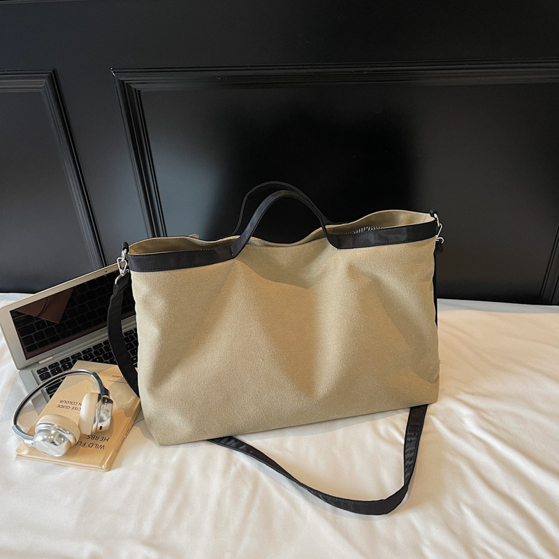 Geantă tote din pânză, stil coreean minimalist, cu fermoar, formă orizontală dreptunghiulară