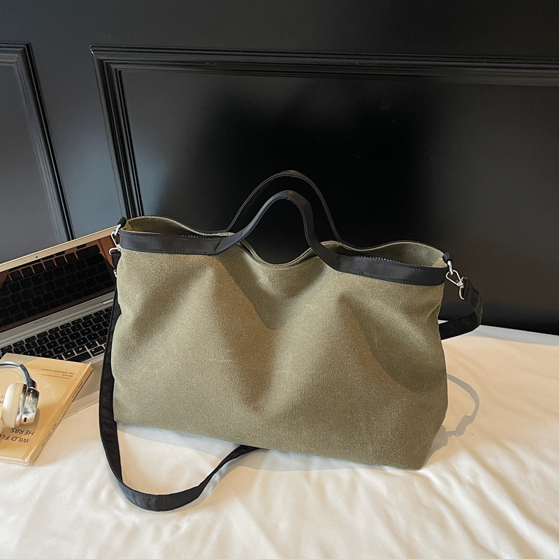 Geantă tote din pânză, stil coreean minimalist, cu fermoar, formă orizontală dreptunghiulară