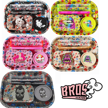 Set na fajčenie s dvojúrovňovou plechovou táckou a kovovým boxom, ručná rolovacia mašinka na cigarety a mlátička na tabak, prenosný set s úložným priestorom