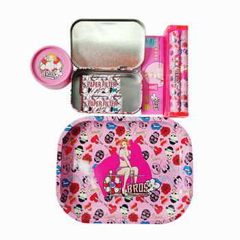 Set na fajčenie s dvojúrovňovou plechovou táckou a kovovým boxom, ručná rolovacia mašinka na cigarety a mlátička na tabak, prenosný set s úložným priestorom