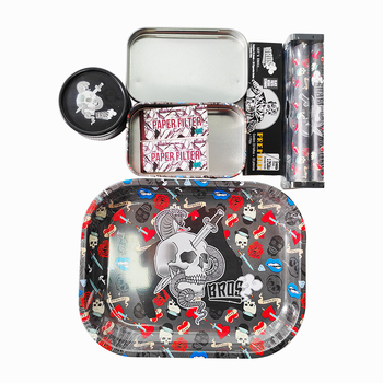 Set na fajčenie s dvojúrovňovou plechovou táckou a kovovým boxom, ručná rolovacia mašinka na cigarety a mlátička na tabak, prenosný set s úložným priestorom