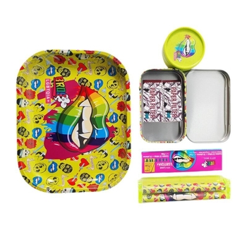 Set na fajčenie s dvojúrovňovou plechovou táckou a kovovým boxom, ručná rolovacia mašinka na cigarety a mlátička na tabak, prenosný set s úložným priestorom