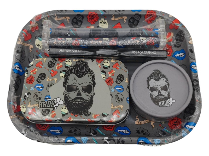 Set na fajčenie s dvojúrovňovou plechovou táckou a kovovým boxom, ručná rolovacia mašinka na cigarety a mlátička na tabak, prenosný set s úložným priestorom