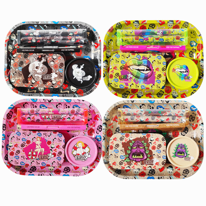 Set na fajčenie s dvojúrovňovou plechovou táckou a kovovým boxom, ručná rolovacia mašinka na cigarety a mlátička na tabak, prenosný set s úložným priestorom