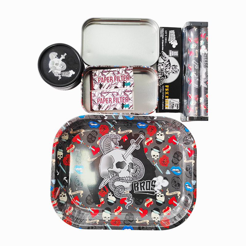 Set na fajčenie s dvojúrovňovou plechovou táckou a kovovým boxom, ručná rolovacia mašinka na cigarety a mlátička na tabak, prenosný set s úložným priestorom