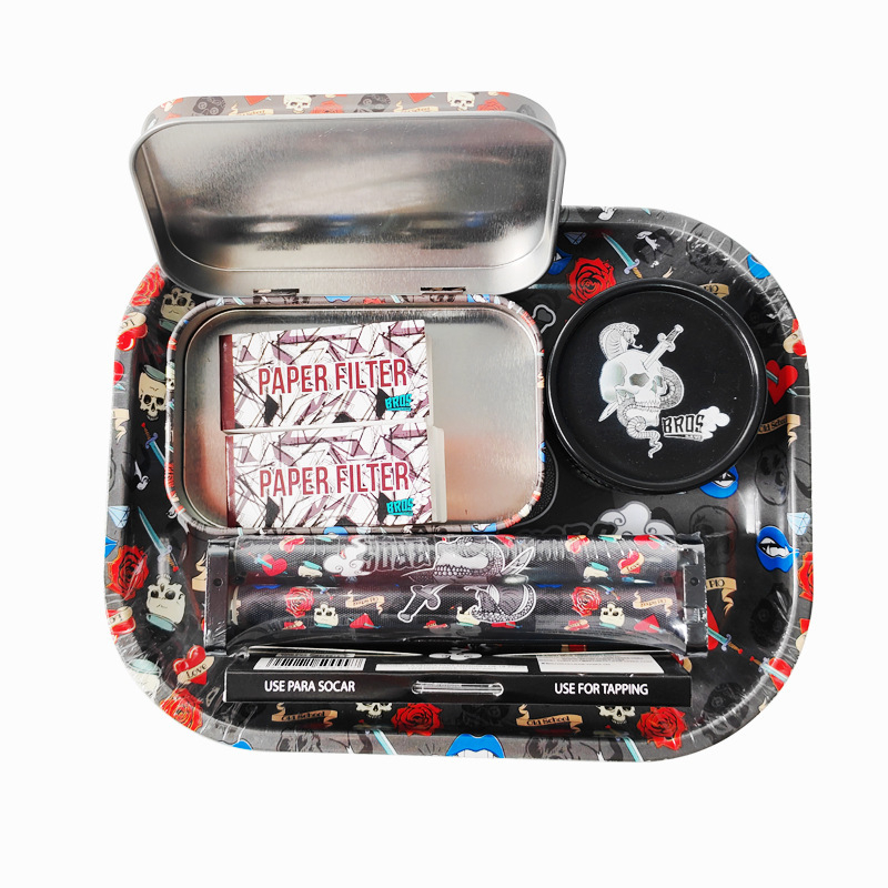 Set na fajčenie s dvojúrovňovou plechovou táckou a kovovým boxom, ručná rolovacia mašinka na cigarety a mlátička na tabak, prenosný set s úložným priestorom