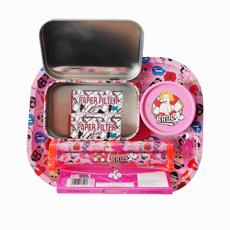 Set na fajčenie s dvojúrovňovou plechovou táckou a kovovým boxom, ručná rolovacia mašinka na cigarety a mlátička na tabak, prenosný set s úložným priestorom