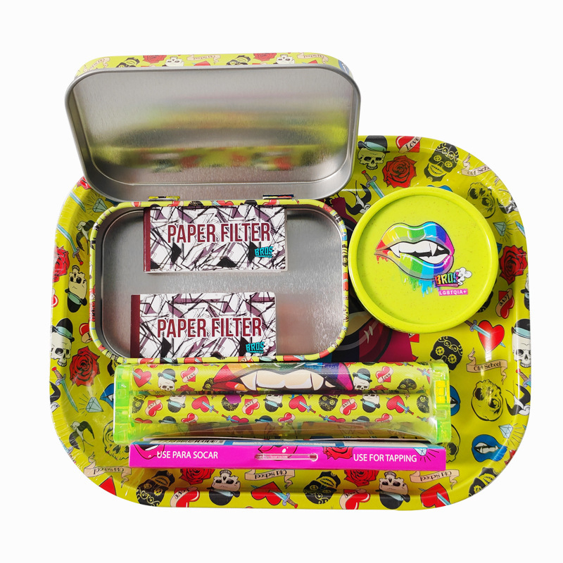 Set na fajčenie s dvojúrovňovou plechovou táckou a kovovým boxom, ručná rolovacia mašinka na cigarety a mlátička na tabak, prenosný set s úložným priestorom