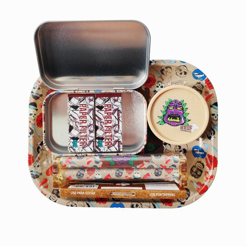 Set na fajčenie s dvojúrovňovou plechovou táckou a kovovým boxom, ručná rolovacia mašinka na cigarety a mlátička na tabak, prenosný set s úložným priestorom