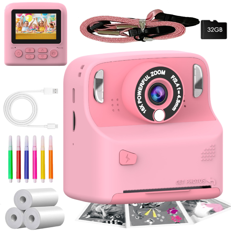 Camera Polaroid pentru copii X6D-Print, ecran IPS HD, senzor 48 MP, card TF, autonomie baterie 5–7 ore