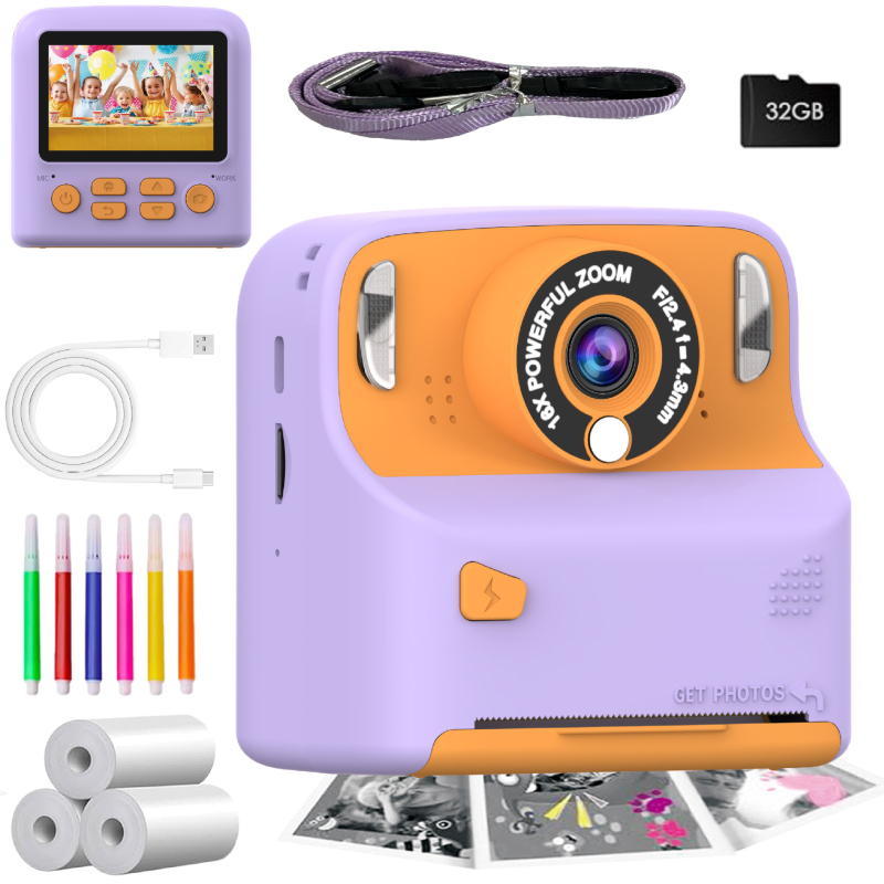 Camera Polaroid pentru copii X6D-Print, ecran IPS HD, senzor 48 MP, card TF, autonomie baterie 5–7 ore