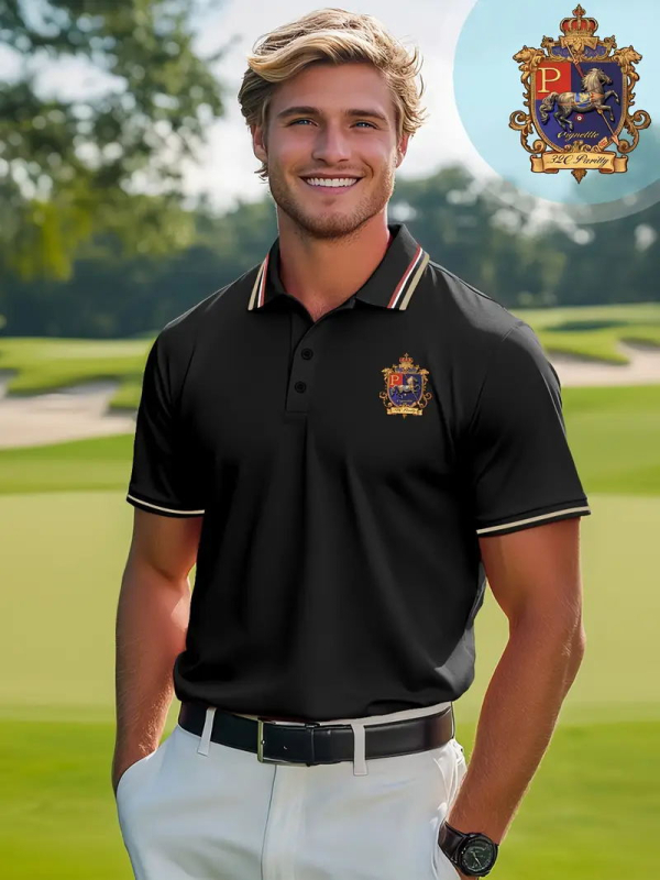 Pánske polo tričko s potlačou znaku malého koňa na hrudi, krátke rukávy, voľný strih, leto, polyesterová zmes