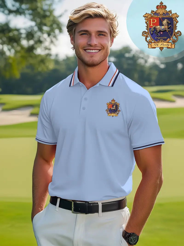 Pánske polo tričko s potlačou znaku malého koňa na hrudi, krátke rukávy, voľný strih, leto, polyesterová zmes