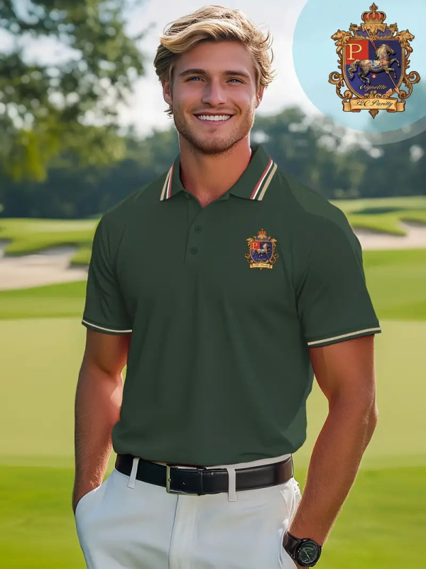 Pánske polo tričko s potlačou znaku malého koňa na hrudi, krátke rukávy, voľný strih, leto, polyesterová zmes